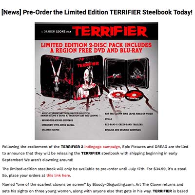 [News] Pre-Order the Limited Edition TERRIFIER Steelbook Today!